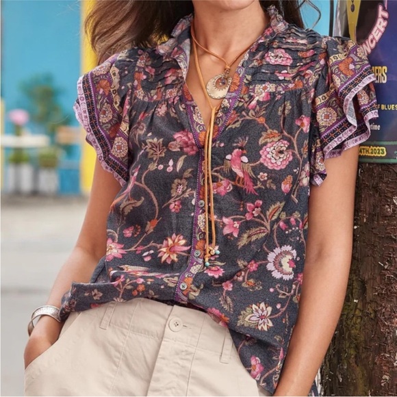 Sundance Marcleine Ruffle shoulder Blouse Gray and Pink Floral Bird Print M - Picture 9 of 9